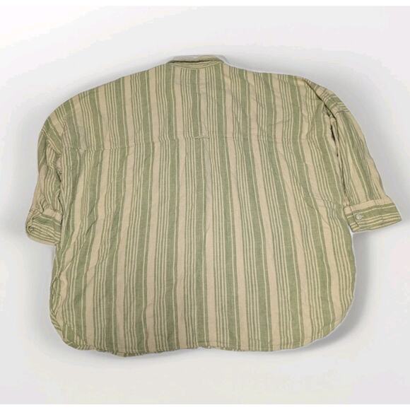 American Eagle Sz L Green Striped Boyfriend Button Shirt Top Boxy Linen Roll Tab - Picture 2 of 7
